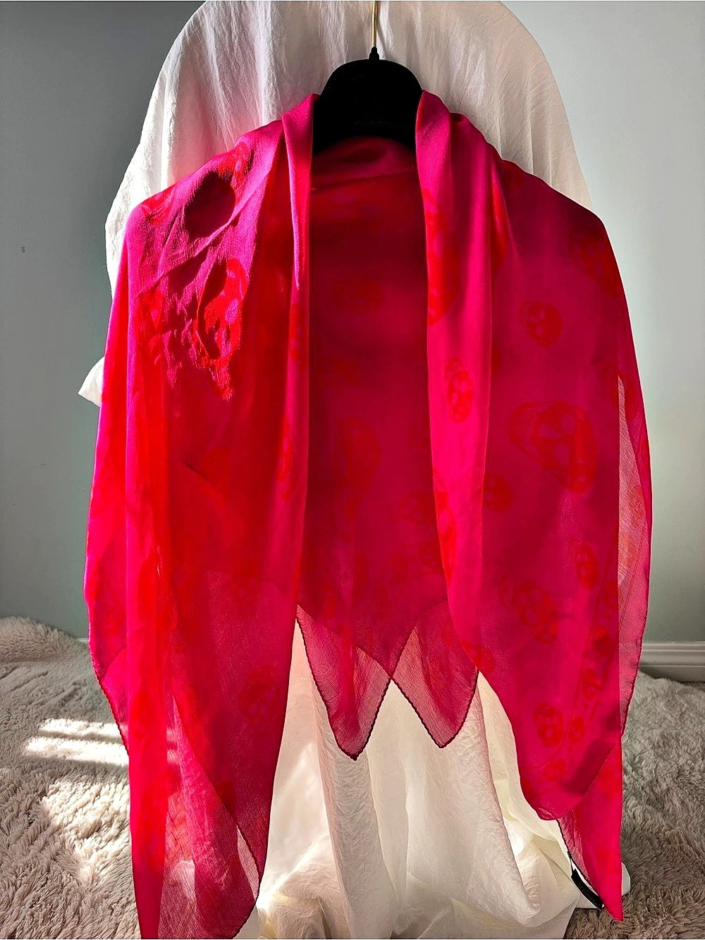 Alexander McQueen Classic Skull Silk Chiffon Scarf Fuchsia & Red